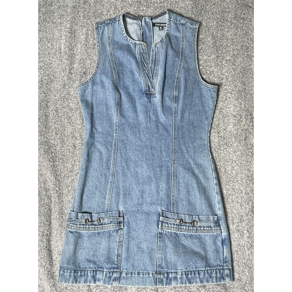 Steve Madden Averi Denim Mini Dress Womens 8 Blue Sleeveless Horsebit Pockets